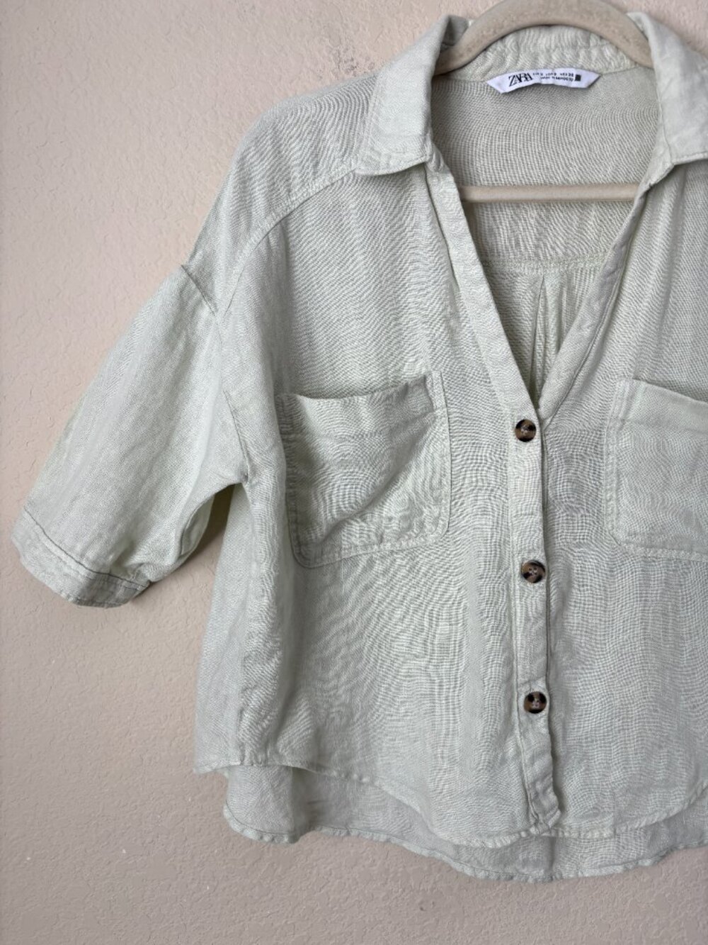 Zara Linen Button Up Boxy Cropped Pistachio Green Shirt - Picture 4 of 11